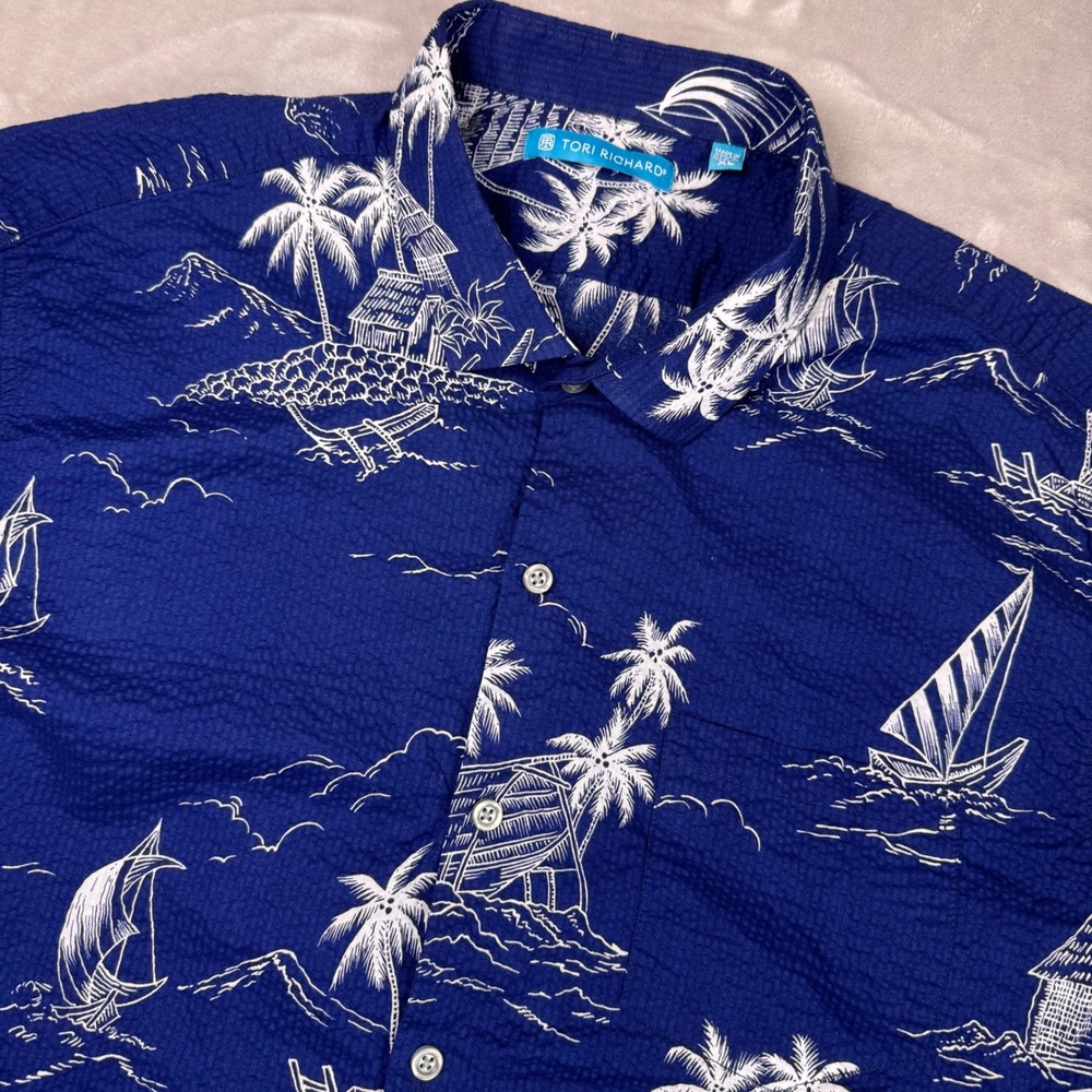 Tori Richard Mens XL Navy Blue Nautical Sailboat Cotton Pucker Lawn Shirt